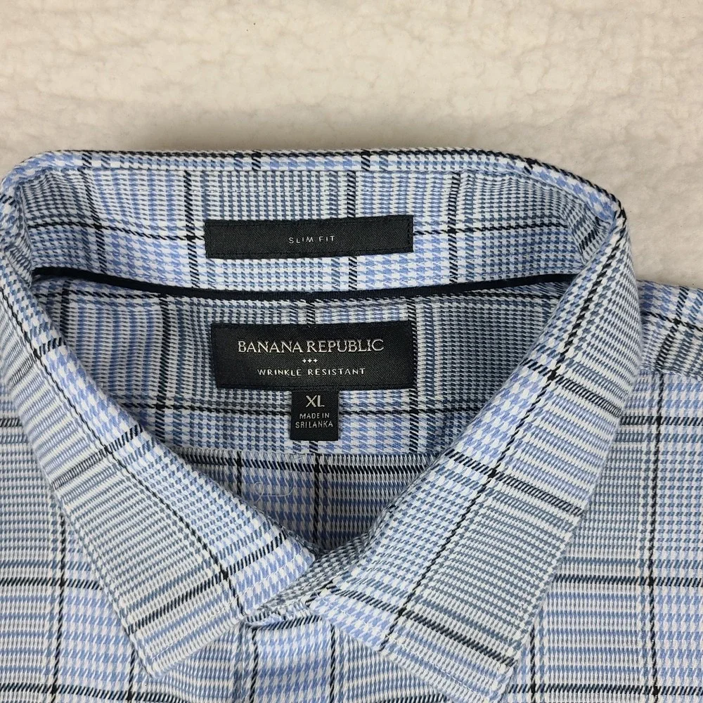 Banana‎ Republic Shirt Mens XL Blue Plaid Slim Fit Wrinkle Resistant Button Up
